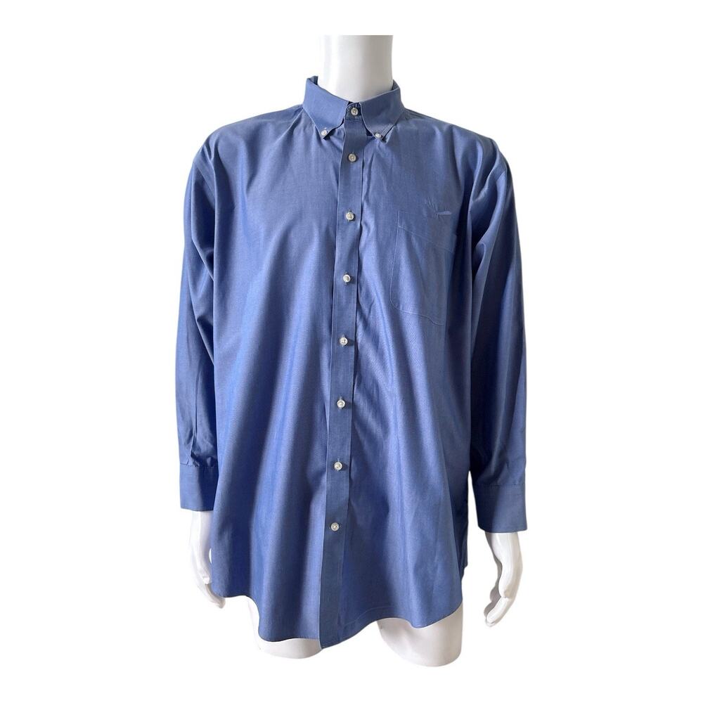 Lands End Dress Shirt Mens Big 18.5 35 Blue No Iron Pinpoint Oxford Long Sleeve